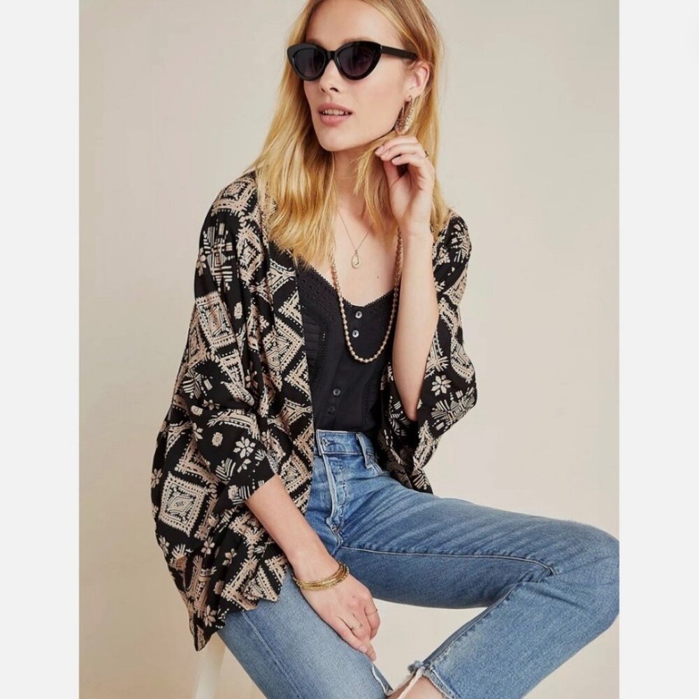 Anthropologie ANDERSEN & LAUTH Black & Beige Geometric Open Front Kimono Size AL